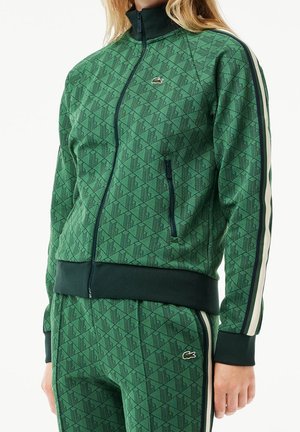 Personne portant un survêtement zippé vert à motifs avec des bandes blanches et bleu marine sur les manches et le pantalon, avec un petit logo crocodile.
