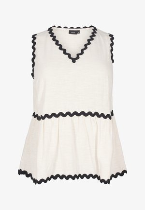 Sleeveless cream top with black scalloped trim along the neckline and hem, featuring a relaxed fit and a gathered waistline.