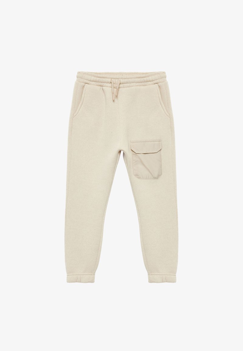 Beige joggingbroek van een zachte katoenmix. Bevat een elastische tailleband met trekkoord, zijzakken en een patchzak op het rechterbeen.