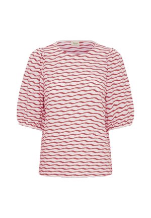 Balta palaidinė su rožiniais banguotais horizontaliomis juostelėmis, pūstomis trumpomis rankovėmis ir apvalia iškirpte.