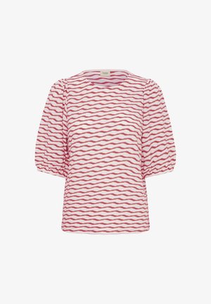 Balta palaidinė su rožiniais banguotais horizontaliomis juostelėmis, pūstomis trumpomis rankovėmis ir apvalia iškirpte.