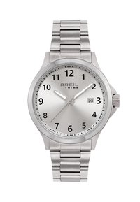 Sølv rustfrit stål ur med rund urskive, sorte timemarkører og datovisning. Har en børstet finish og metalledningsarmbånd.