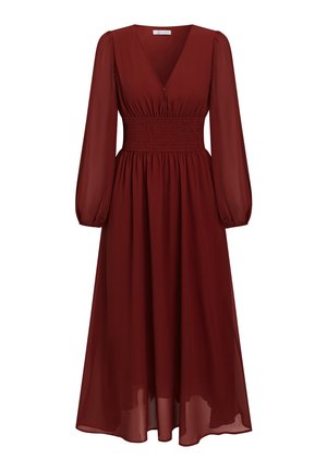 Vestido largo burdeos con cuello en V, mangas largas abullonadas y cintura fruncida. Hecho de tela ligera con falda fluida.