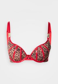 Soutien-gorge à imprimé léopard avec bretelles et détails en satin rouge. Dispose d'un maintien avec armatures, d'un design découpé et d'accents en métal doré.