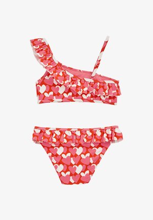 Tvådelad baddräkt med en axel och volangkant samt hjärtmönster i röd, rosa och vit; matchande underdel med volanger.