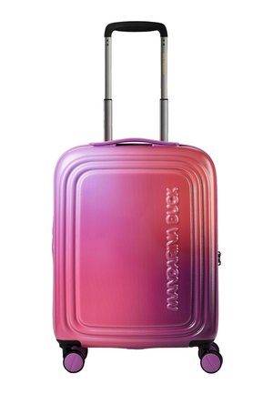 Hartschalenkoffer in Farbverlauf Pink und Lila mit vier Rollen und ausziehbarem Teleskopgriff.