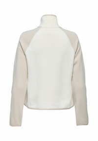 Sudadera de forro polar en crema y beige claro, con cuello alto, mangas largas ranglán y una textura suave y lisa.