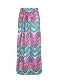 Maxi sukně s mnohobarevným zigzag vzorem zahrnujícím odstíny růžové, modré, hnědé a krémové. Elastický pas, hladká textura látky.