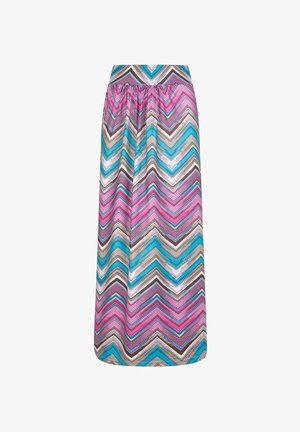 Maxi spódnica w wielokolorowy wzór zygzaka, zawierająca odcienie różowego, niebieskiego, brązowego i kremowego. Elastyczny pas, gładka struktura materiału.