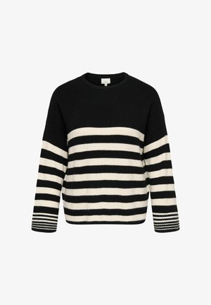 Black and white striped sweater with a crew neck, ribbed texture, and wide sleeves. Accents include small alternating stripes at the cuffs.