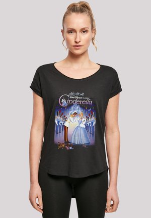 Black T-shirt featuring a colorful Cinderella graphic, round neckline, short sleeves, and a curved hem. Made from soft, lightweight fabric.