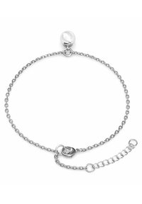 Bracciale in argento con una perla bianca rotonda, lunghezza regolabile con chiusura a moschettone e catena di estensione per una vestibilità aggiuntiva.