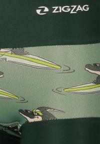 Maillot de bain vert comportant un panneau vert clair avec des crocodiles de bande dessinée surfant et un logo en zigzag sur une section vert plus foncé.