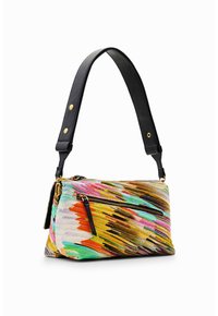 Petit sac à main avec une large bandoulière en cuir noir et un motif de coups de pinceau colorés en orange, jaune, vert, rose et brun, avec une poche à fermeture éclair à l'avant.