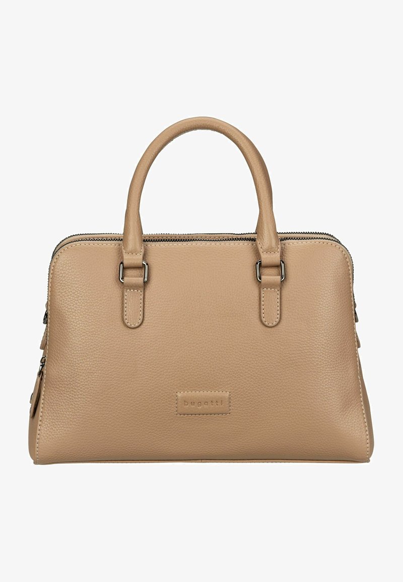 Sac à main en cuir beige avec une finition texturée, des poignées supérieures doubles, une fermeture éclair et un patch logo. Présente une forme structurée et des accessoires en métal argenté.