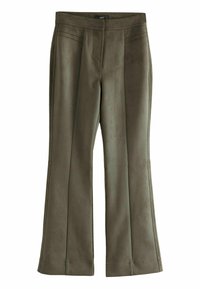 Grüne, weit geschnittene Hose aus einem weichen, wildlederähnlichen Material. Sie verfügt über Vorderfalten, eine hohe Taille und genähte Nähte für eine strukturierte Passform.