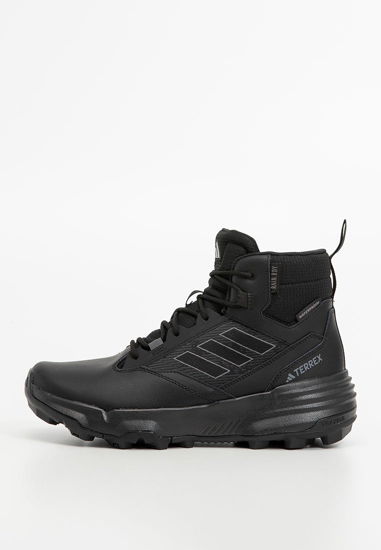 Black high-top hiking boots made of waterproof material, featuring textured overlays, a lace-up front, and a thick, rugged sole with traction patterns.