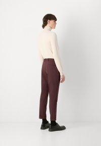 Light beige turtleneck sweater paired with burgundy tapered trousers and black shoes, showcasing a sleek modern fit with rolled cuffs.