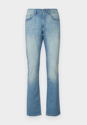Light blue denim jeans with a flared bottom, featuring five pockets, a button closure, and subtle fading along the thighs and knees.