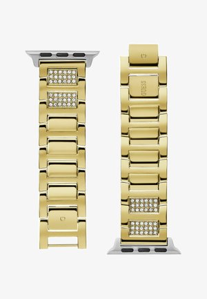 Gold metal bracelet with rectangular links, featuring two diamond-like accents. Silver hardware on one end. Smooth, polished finish.