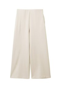 Pantalones de pierna ancha beige con una textura suave, que cuentan con dos bolsillos laterales y dos pliegues frontales para un diseño estructurado.