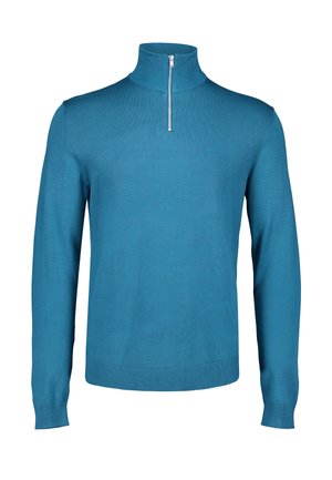 Langärmliger türkisfarbener Pullover mit hohem Kragen und einem silbernen Reißverschluss vorne, aus einem glatten Strickstoff gefertigt.