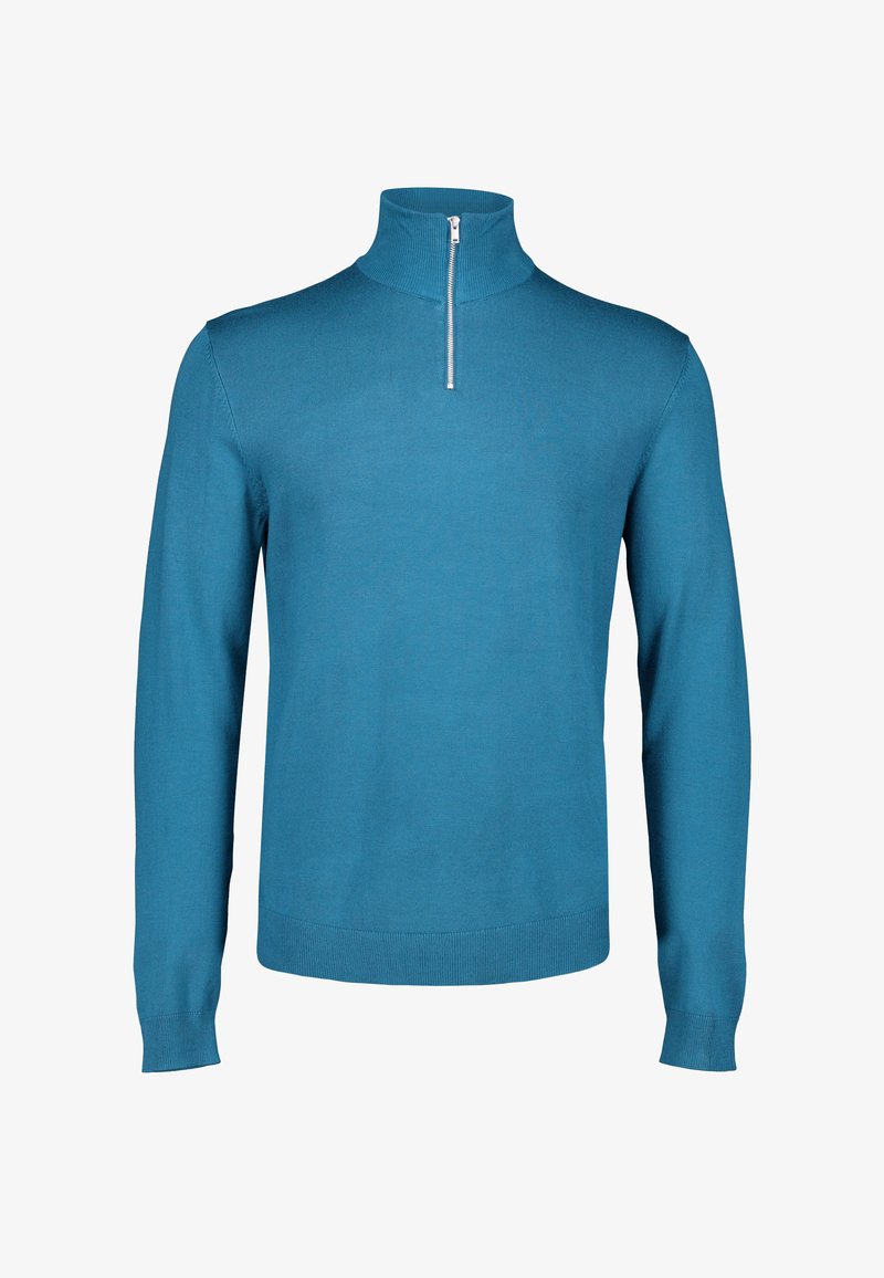 Maglione a maniche lunghe color turchese con colletto alto e cerniera frontale argentata, realizzato in un tessuto a maglia liscia.