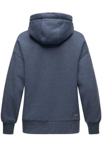 Felpa con cappuccio blu navy, realizzata in tessuto morbido, con un cappuccio ampio, polsini a coste e un piccolo logo sull'orlo inferiore.