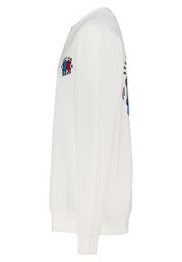 Witte sweatshirt met een kleurrijke geborduurde afbeelding op de linkerkant van de borst en mouw. Het heeft een ronde hals en geribde manchetten.