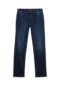 Jeans in denim blu scuro con taglio a gamba dritta, design a cinque tasche e leggera scoloritura sulle cosce, con chiusura a bottoni e cerniera.