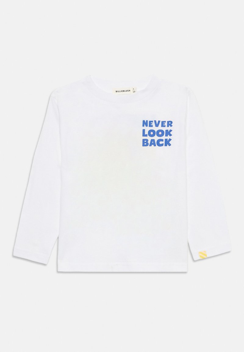 Langärmliges, weißes Baumwoll-T-Shirt mit blauer Aufschrift "NEVER LOOK BACK" auf der Vorderseite und gelbem Akzent am Bündchen.