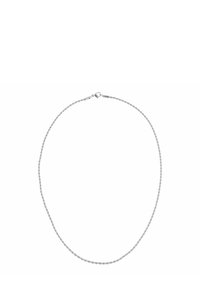 Collana delicata in argento con catena a corda attorcigliata e piccolo moschettone di chiusura su sfondo bianco.