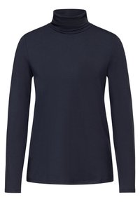Mörkblå långärmad turtleneck-tröja i en mjuk bomullsblandning, med en figurnära silhuett och fållade ärmslut.