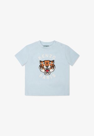 Lichtblauwe katoenen t-shirt met een tijgerafbeelding en de tekst "KENZO PARIS" in wit en zwart, korte mouwen en een ronde hals.