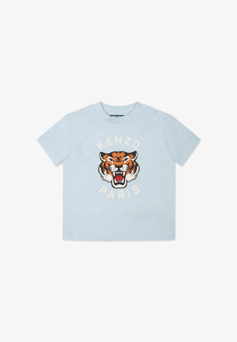 T-shirt en coton bleu clair avec un motif de tigre et le texte "KENZO PARIS" en blanc et noir, manches courtes et col rond.