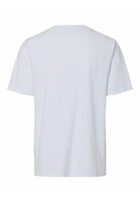 Camiseta de algodón blanca, de manga corta, cuello redondo. Presenta un diseño liso sin patrones ni acentos visibles. Se muestra la vista trasera.