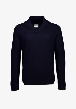 Maglione in maglia blu navy con collo sciallato, polsini e orlo a costine. Realizzato in materiale morbido, caratterizzato da un design semplice senza motivi.