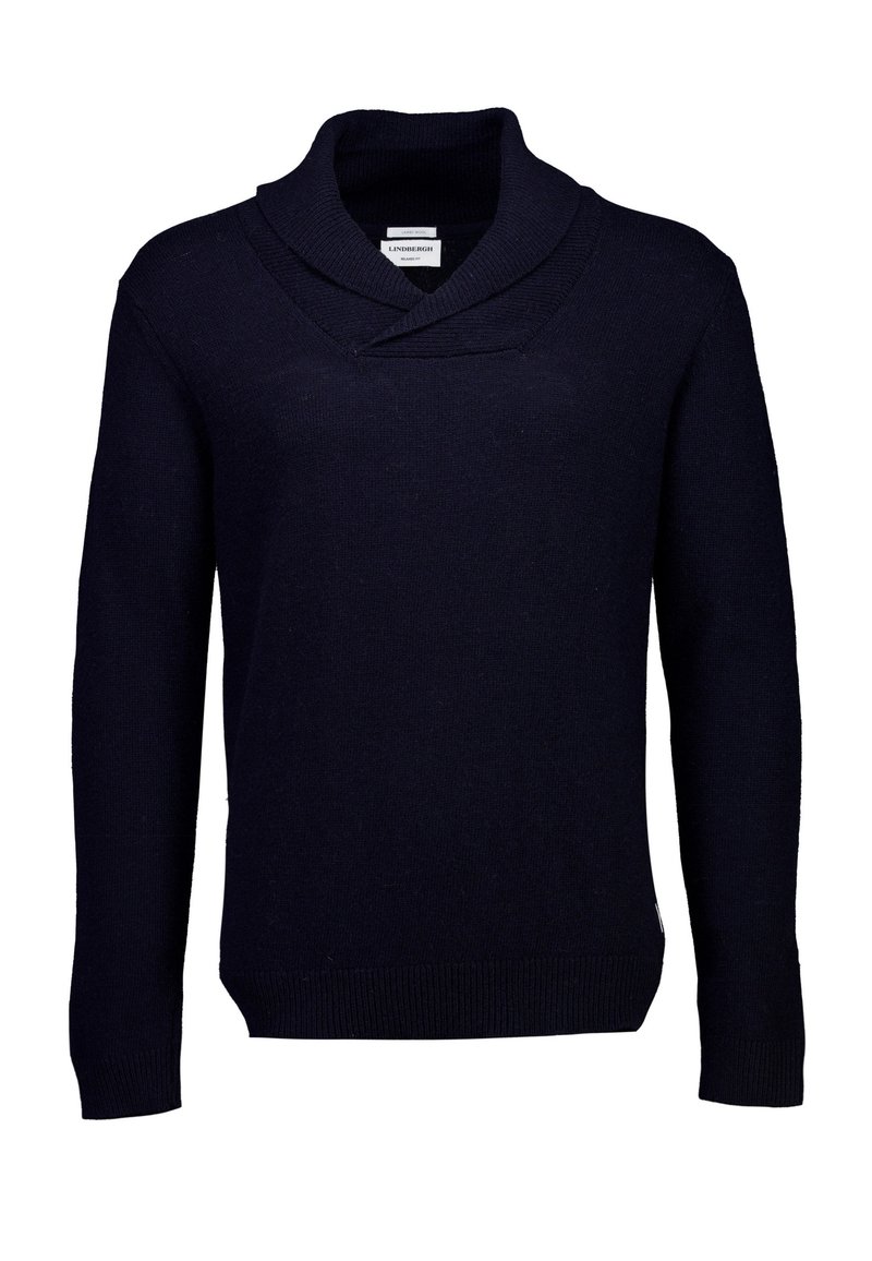 Granatowy sweter z dzianiny z kołnierzem typu szalowego, ściągaczami na mankietach i dole. Wykonany z miękkiego materiału, charakteryzuje się prostym wzornictwem bez wzorów.