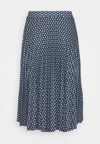 Tmavě modrá plisovaná sukně s bílým kruhovým květinovým vzorem, s těsným pasem a splývavým materiálem, ke středním lýtkům.