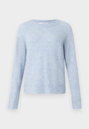 Light blue sweater made of soft, textured fabric, featuring a crew neck, long sleeves, and ribbed cuffs and hem.