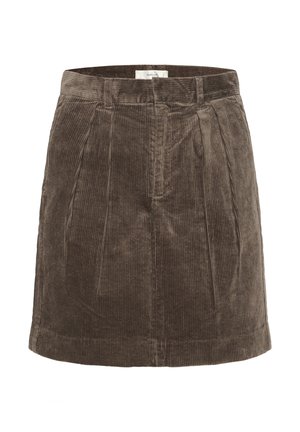 Jupe en velours côtelé marron avec des côtes verticales, dotée d'une taille ajustée, de plis à l'avant et de poches, avec un ourlet standard et un design simple.
