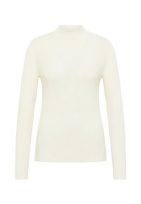 Cremefarbener gerippter Pullover mit langen Ärmeln, hohem Kragen und leicht gewellten Kanten an Kragen und Bündchen.