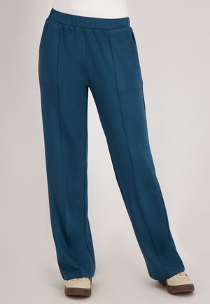 Blauwe rekbare broek met een wijde pijpdesign, met een elastische tailleband en zijzakken. Soepele textuur met subtiele stikdetails.