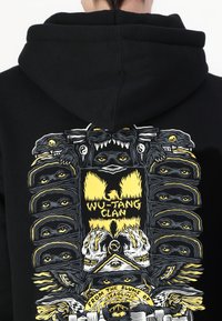 Black hoodie featuring a detailed graphic in yellow and white, showcasing a central Wu-Tang Clan logo surrounded by various eyes and skulls.