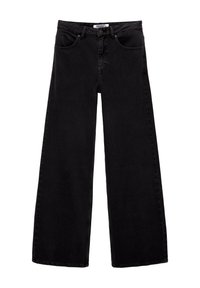 Jean noir taille haute à larges jambes avec poches avant, passants de ceinture, fermeture à bouton et une étiquette de marque visible à l'intérieur de la ceinture.