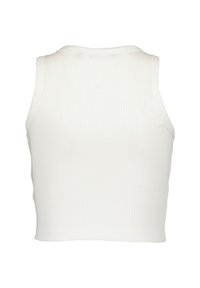 Top corto bianco realizzato in tessuto a costine, con scollatura rotonda e design senza maniche. Texture liscia, forma aderente e orli rifiniti.