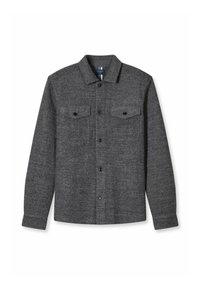 Gray, long-sleeve shirt made of textured fabric. Features two chest pockets with black buttons, a flat collar, and a button-down front.