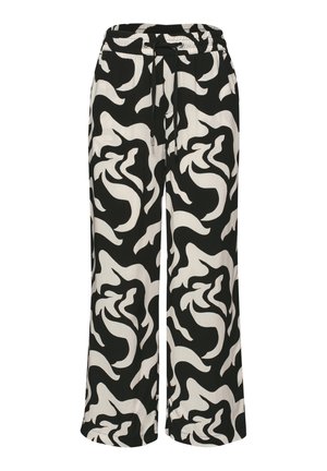 Pantalon à jambes larges à motif abstrait noir et blanc avec taille élastique et cordons noirs.