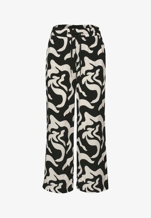 Czarno-białe spodnie o szerokich nogawkach w abstrakcyjny wzór z elastycznym pasem i czarnymi troczkami.