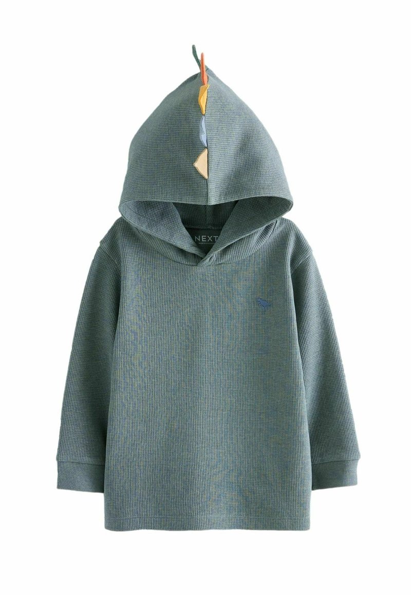 Sweat à capuche vert texturé pour tout-petit, manches longues, pics de dinosaure sur la capuche et petit oiseau brodé sur la poitrine.